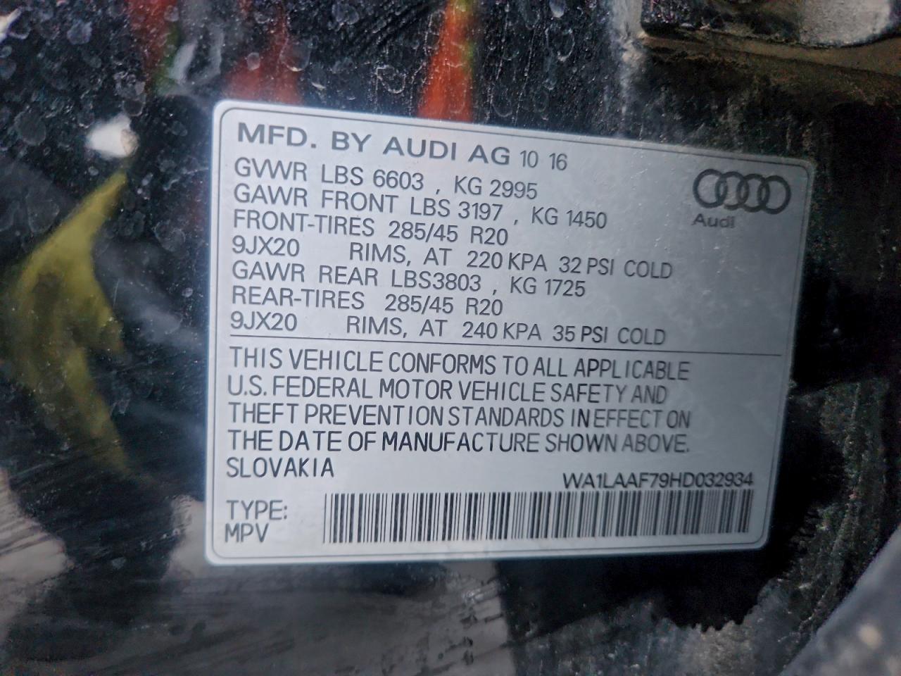 2017 Audi Q7 Premium Plus VIN: WA1LAAF79HD032934 Lot: 92954365