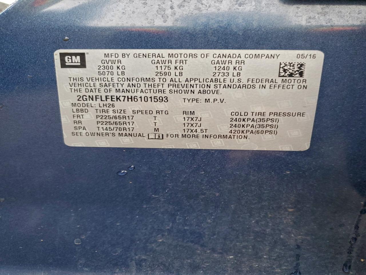 2017 Chevrolet Equinox Lt VIN: 2GNFLFEK7H6101593 Lot: 93335735