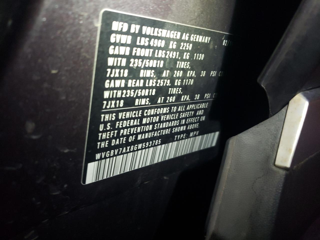 2016 Volkswagen Tiguan S VIN: WVGBV7AX8GW593785 Lot: 90858015