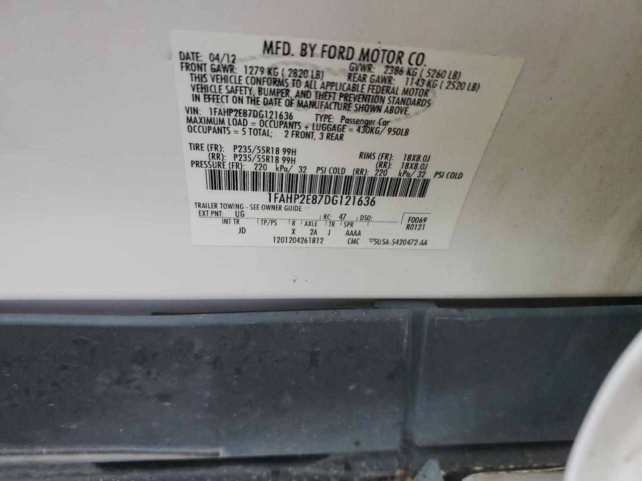 2013 Ford Taurus Sel VIN: 1FAHP2E87DG121636 Lot: 92642165