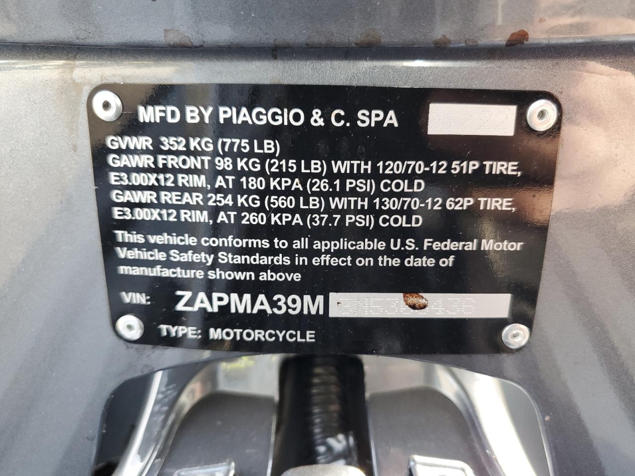 2022 Vespa Gts 300 VIN: ZAPMA39M3N5300436 Lot: 91234395