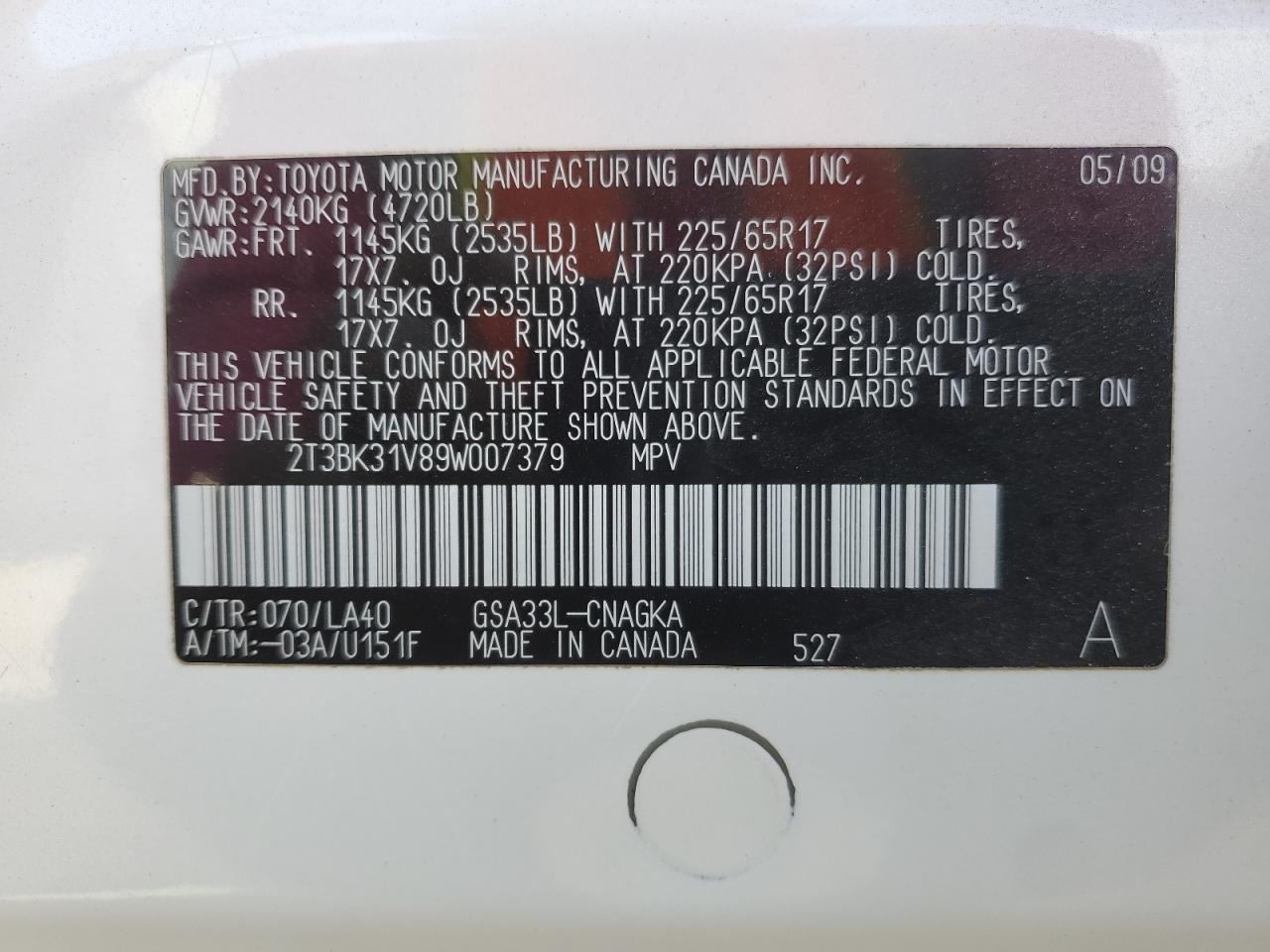 2009 Toyota Rav4 Limited VIN: 2T3BK31V89W007379 Lot: 92745405