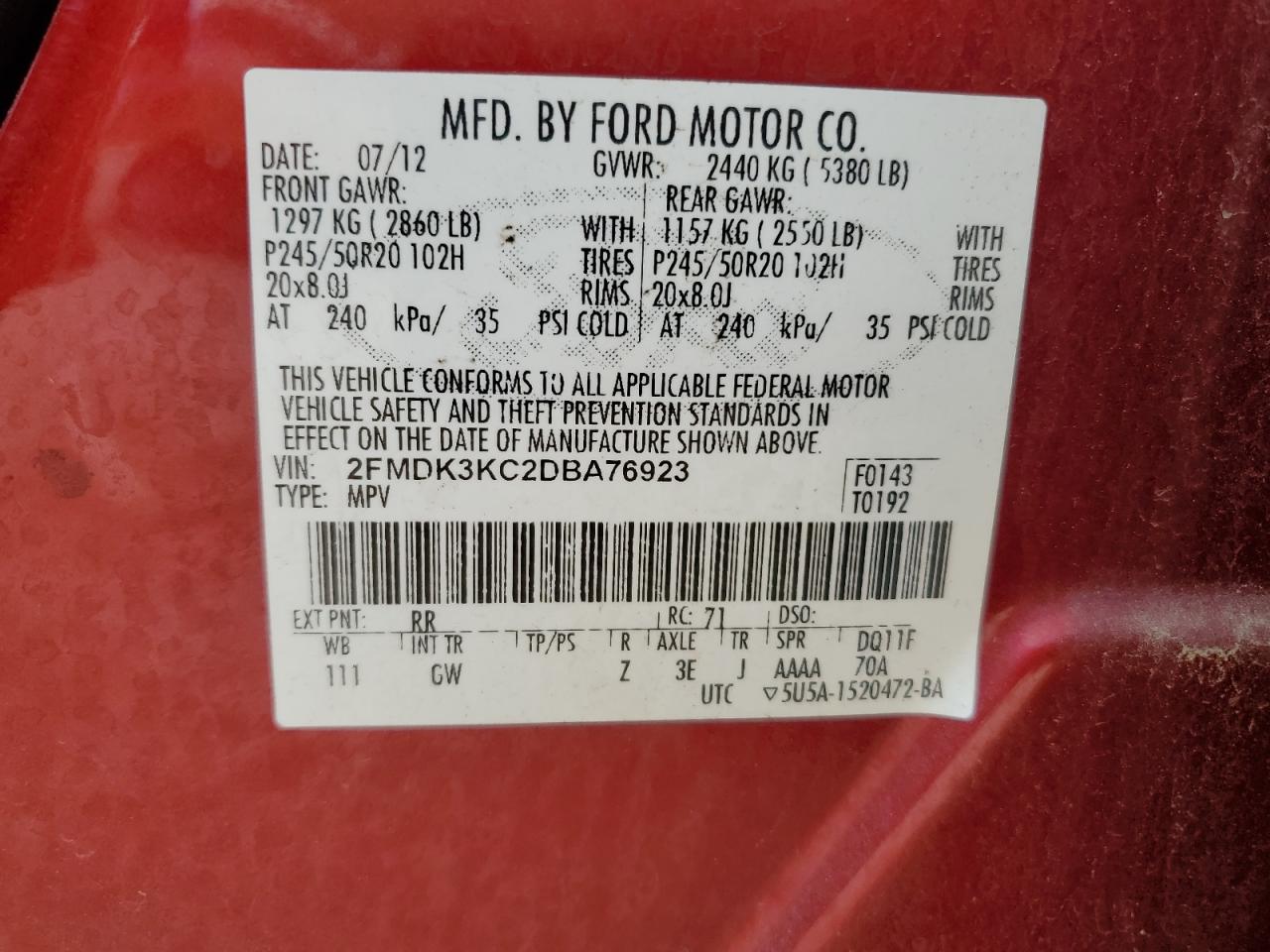 2013 Ford Edge Limited VIN: 2FMDK3KC2DBA76923 Lot: 93167755