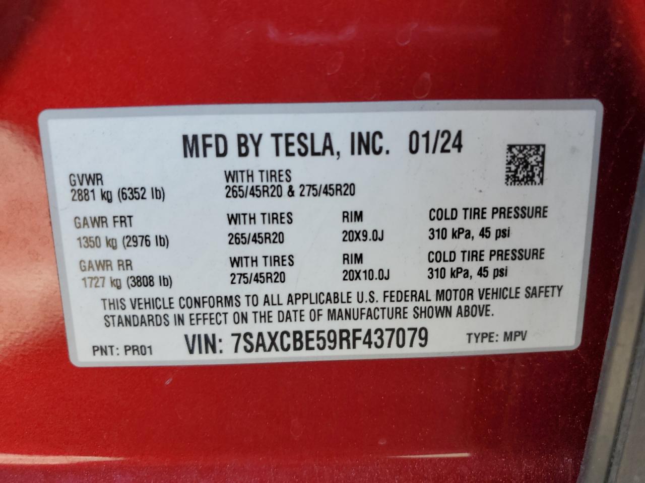 2024 Tesla Model X VIN: 7SAXCBE59RF437079 Lot: 91224725