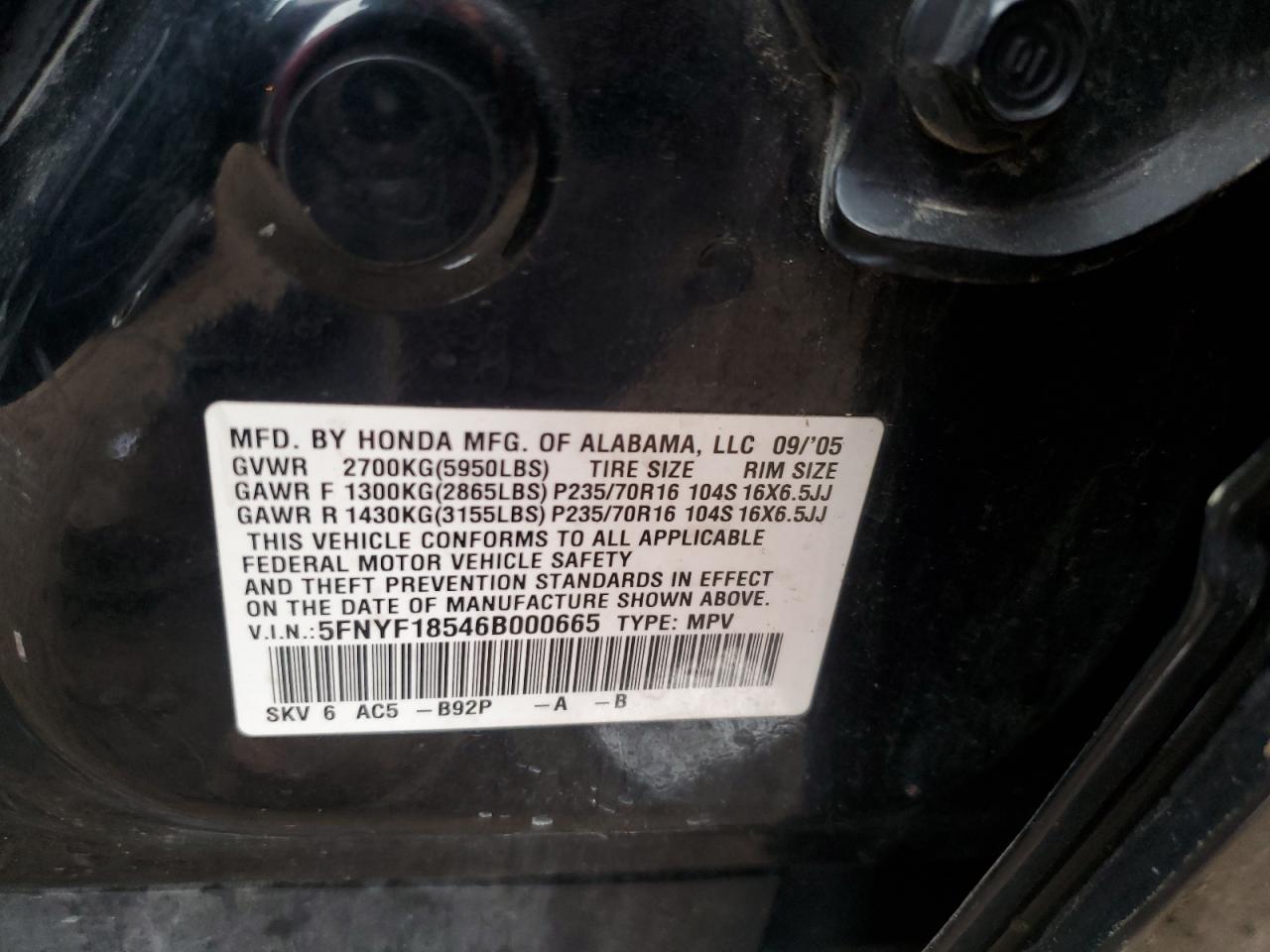 2006 Honda Pilot Ex VIN: 5FNYF18546B000665 Lot: 93758335