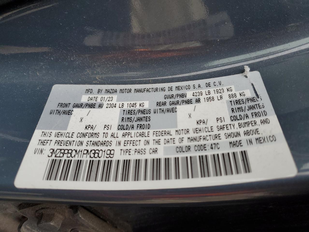 2023 Mazda 3 Preferred VIN: 3MZBPBCM1PM360199 Lot: 92878505