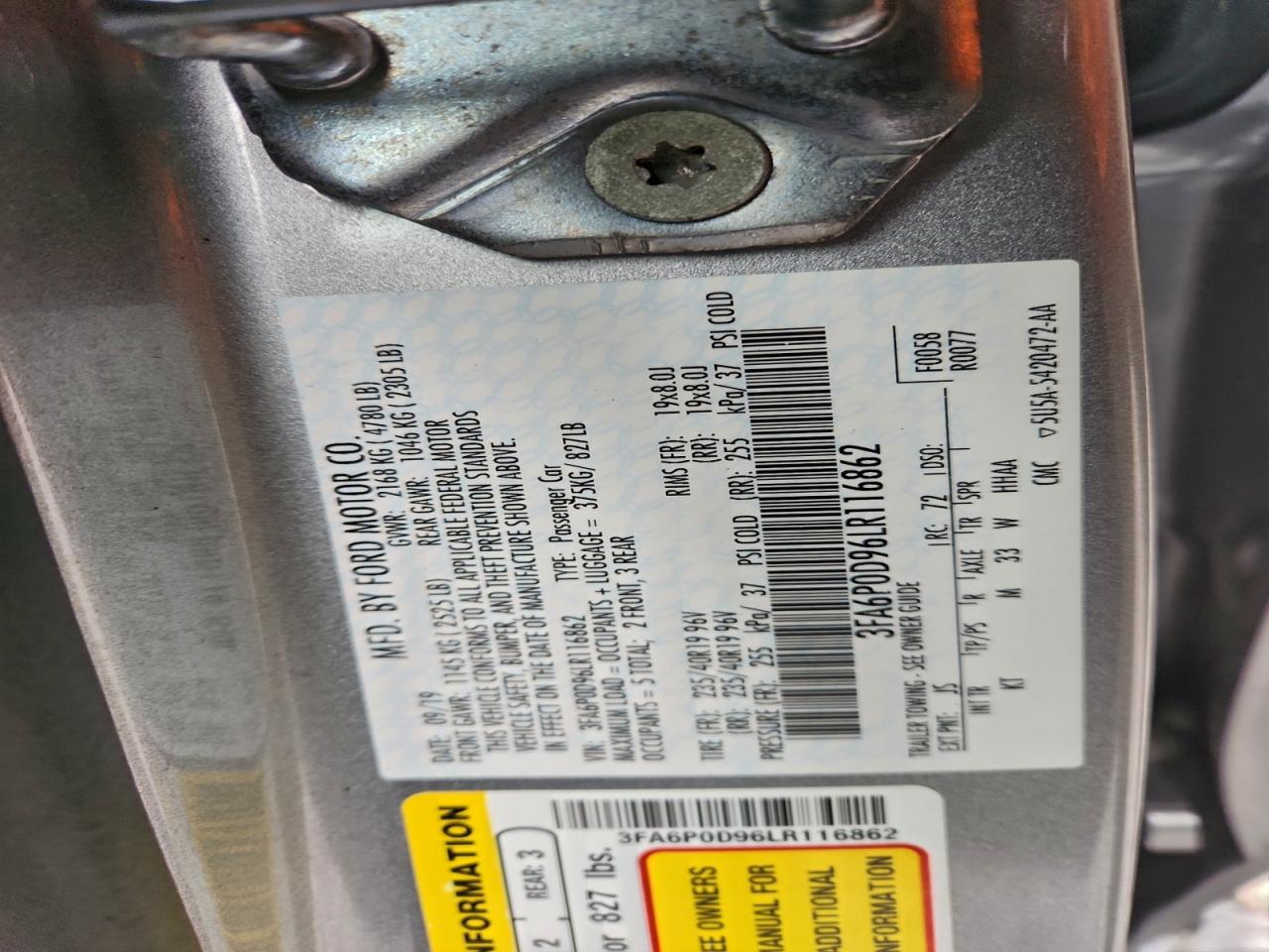 2020 Ford Fusion Titanium VIN: 3FA6P0D96LR116862 Lot: 94681535