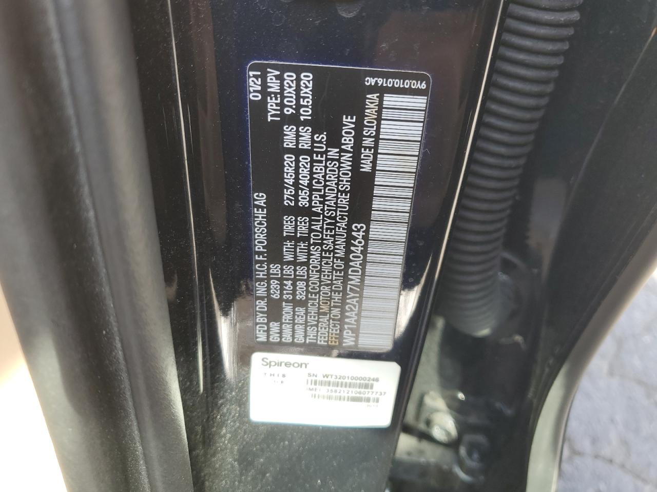 2021 Porsche Cayenne VIN: WP1AA2AY7MDA04643 Lot: 93261815