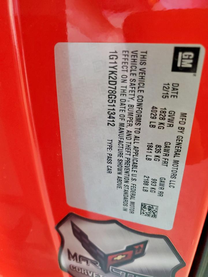 2016 Chevrolet Corvette Stingray Z51 2Lt VIN: 1G1YK2D78G5113412 Lot: 90748065