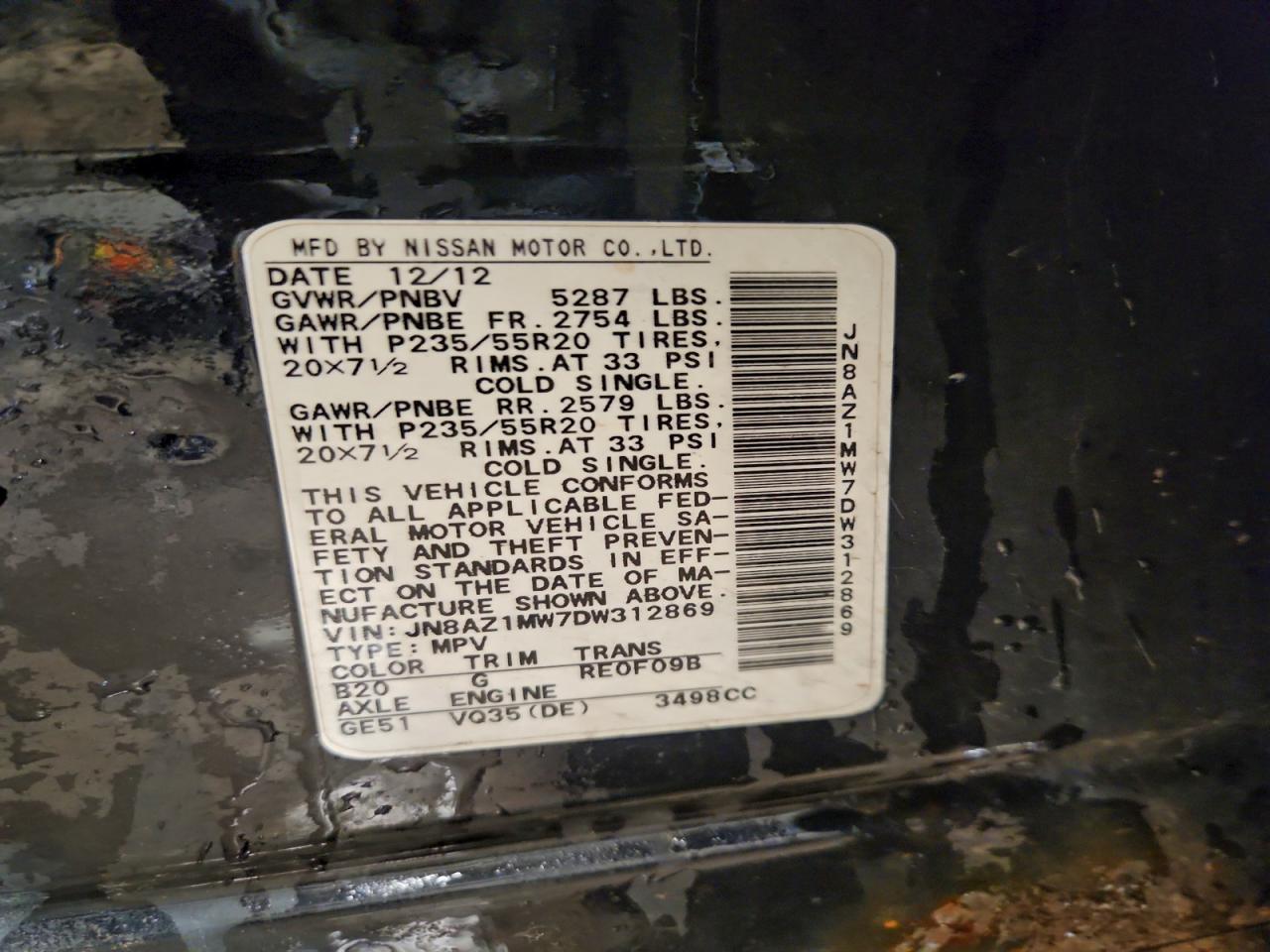 2013 Nissan Murano S VIN: JN8AZ1MW7DW312869 Lot: 94382555