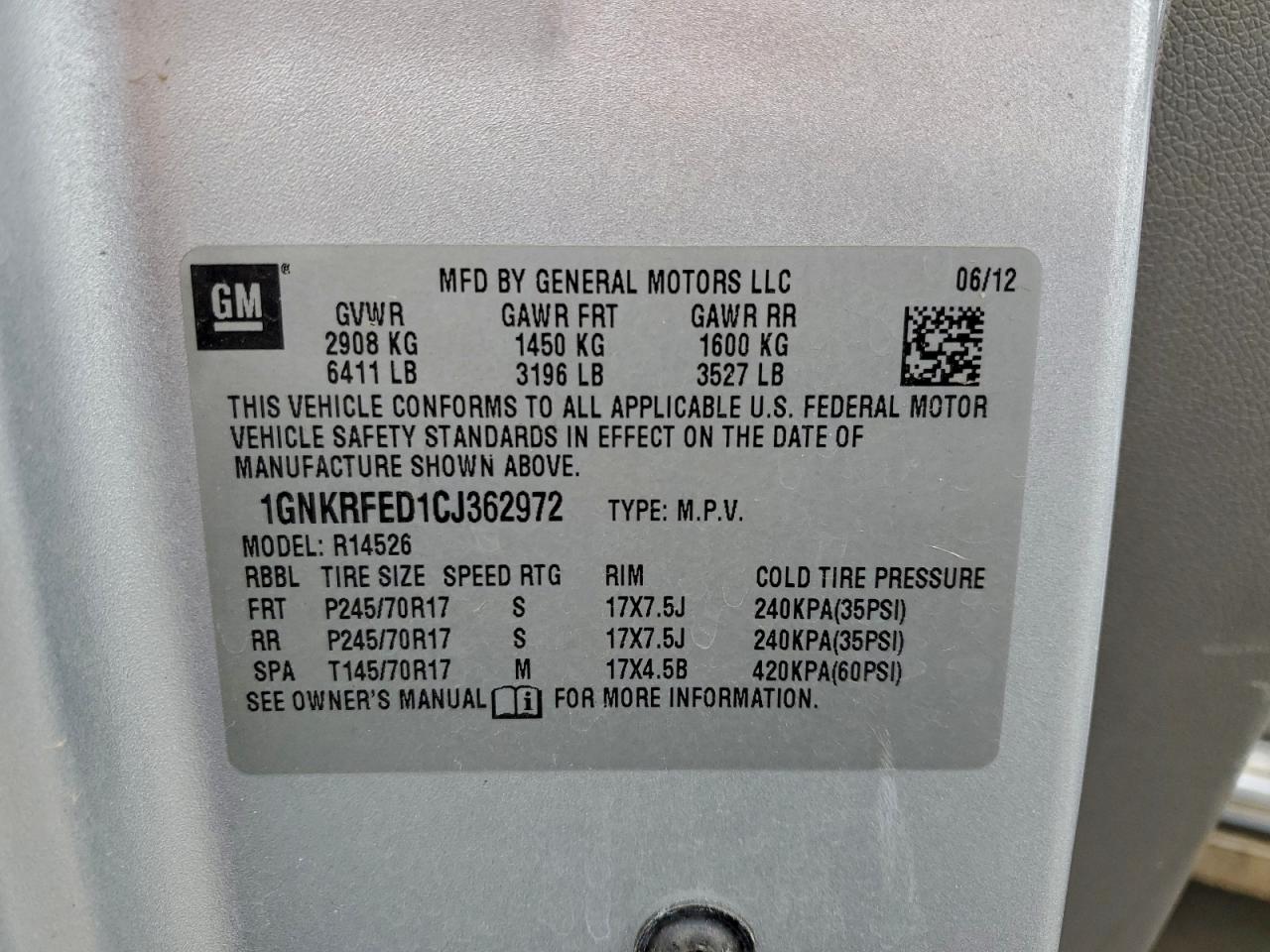 2012 Chevrolet Traverse Ls VIN: 1GNKRFED1CJ362972 Lot: 94376215