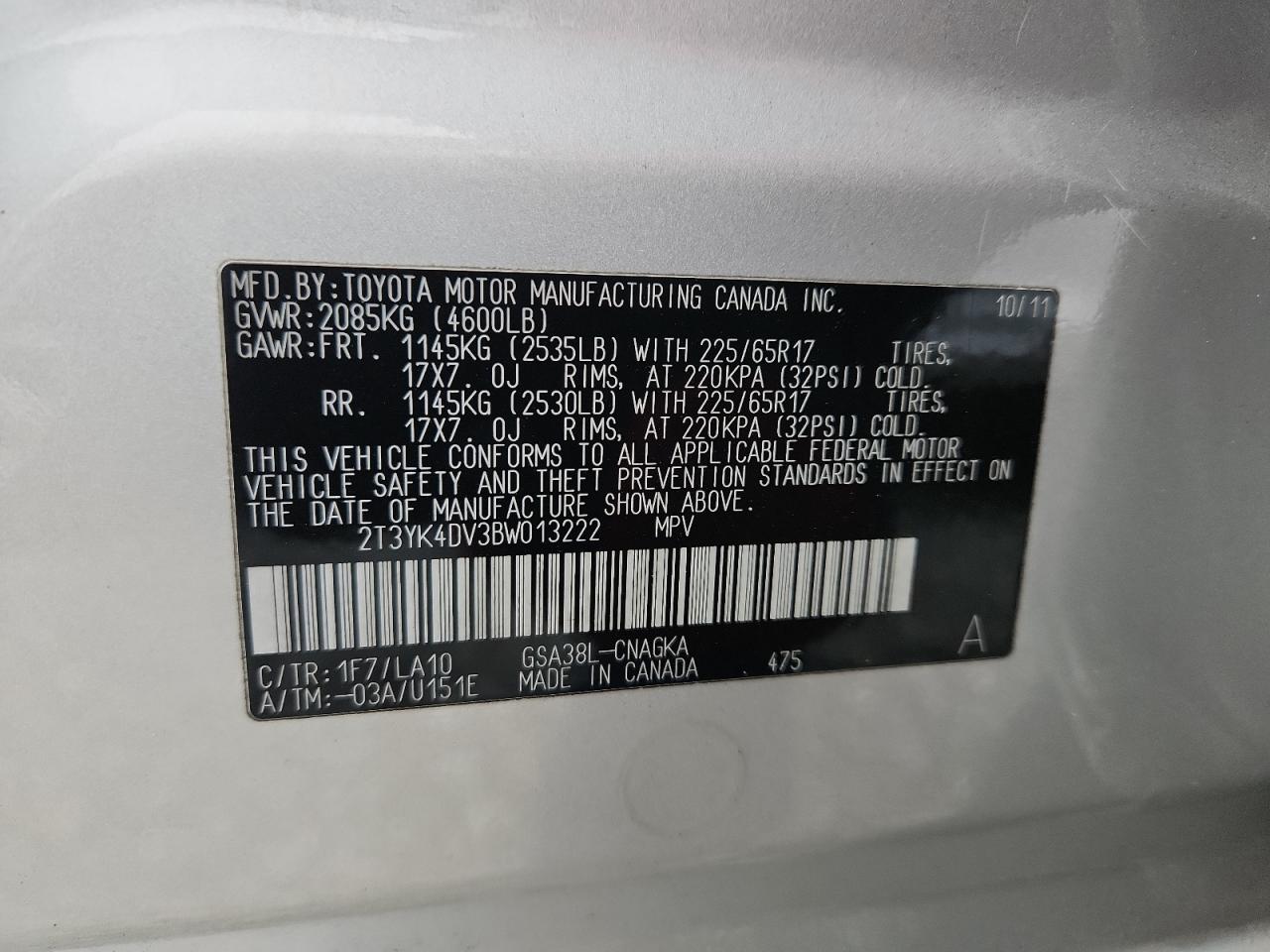 2011 Toyota Rav4 Limited VIN: 2T3YK4DV3BW013222 Lot: 92495135