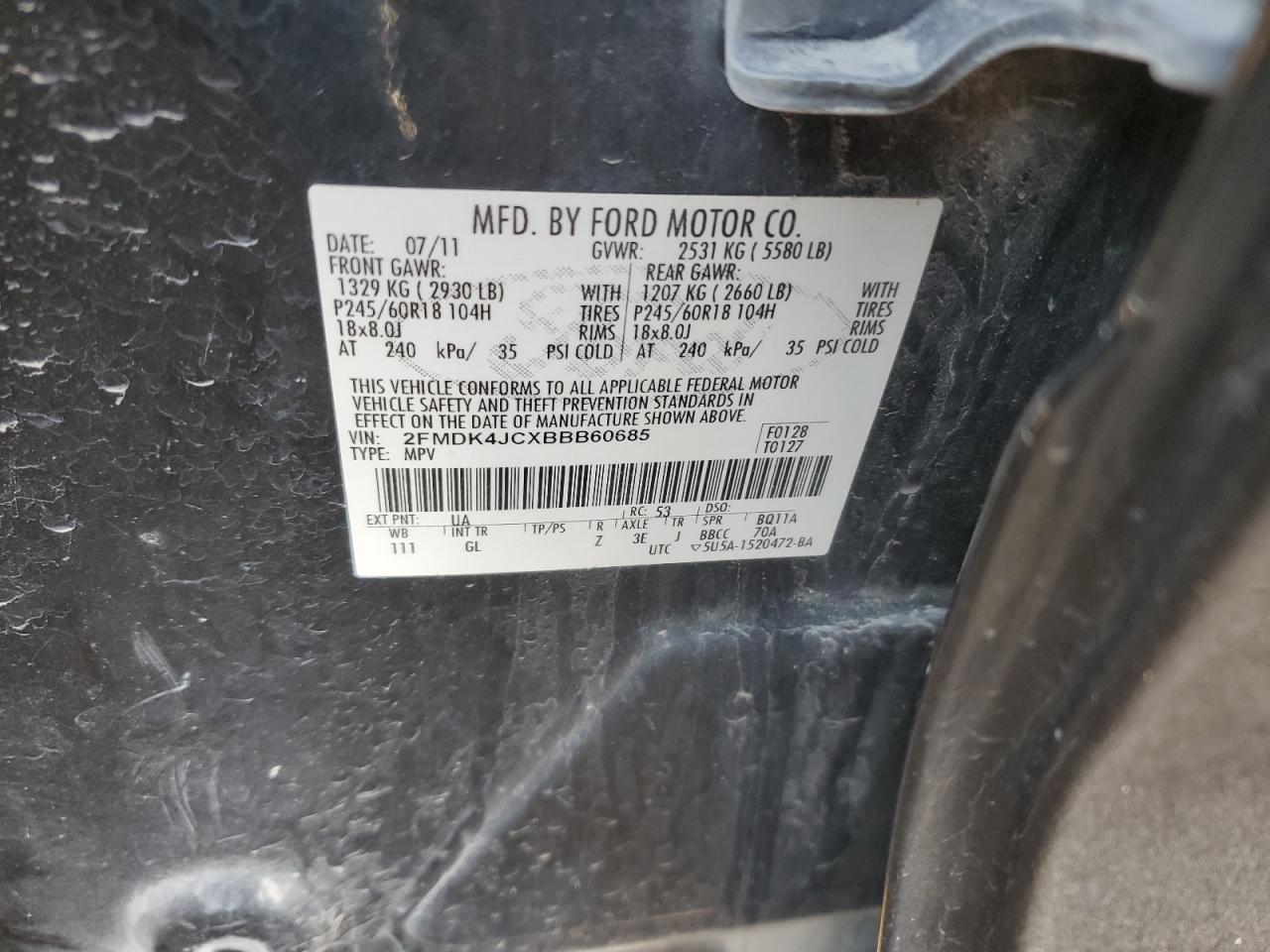 2011 Ford Edge Sel VIN: 2FMDK4JCXBBB60685 Lot: 91996465