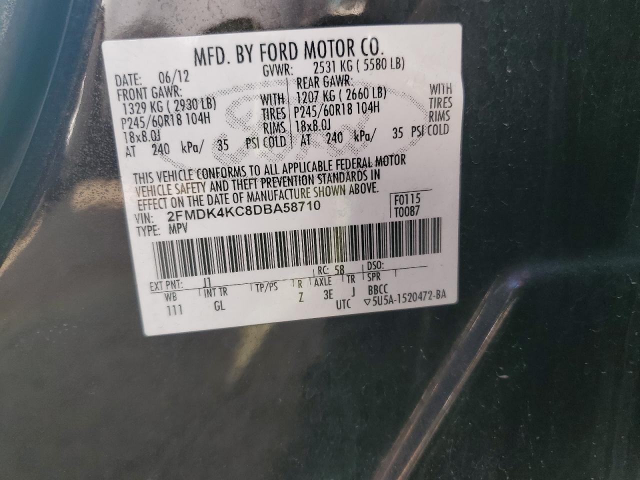 2013 Ford Edge Limited VIN: 2FMDK4KC8DBA58710 Lot: 91325625