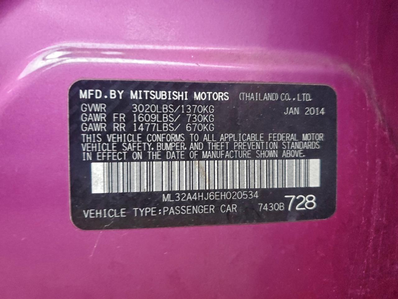 2014 Mitsubishi Mirage Es VIN: ML32A4HJ6EH020534 Lot: 94106005