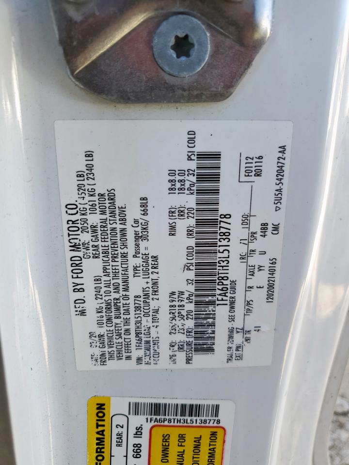 2020 Ford Mustang VIN: 1FA6P8TH3L5138778 Lot: 90898835