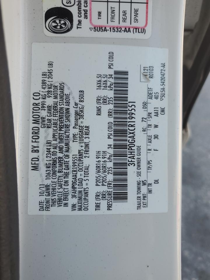 2012 Ford Fusion S VIN: 3FAHP0GAXCR199551 Lot: 92234555