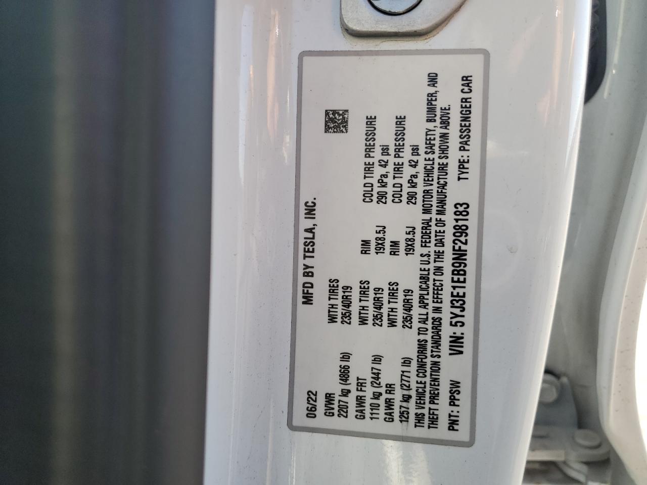 2022 Tesla Model 3 VIN: 5YJ3E1EB9NF298183 Lot: 92124135