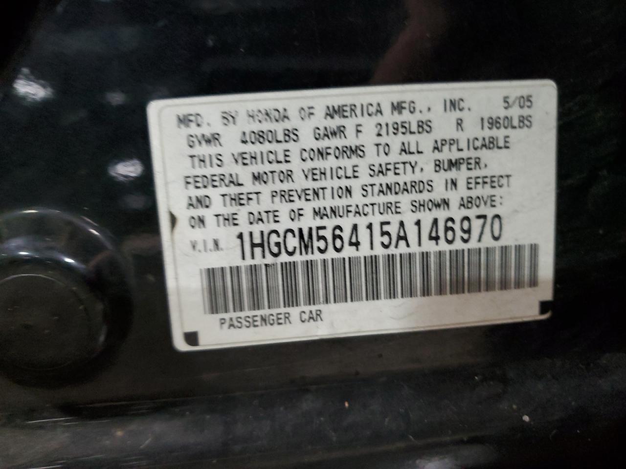 2005 Honda Accord Lx VIN: 1HGCM56415A146970 Lot: 92249145