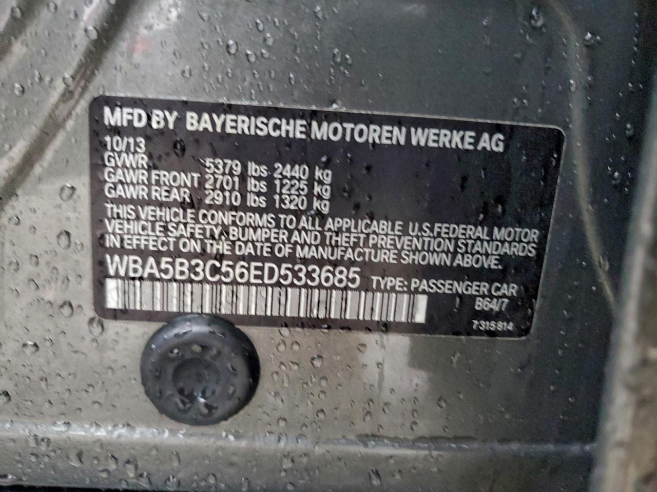 2014 BMW 535 Xi VIN: WBA5B3C56ED533685 Lot: 94108425