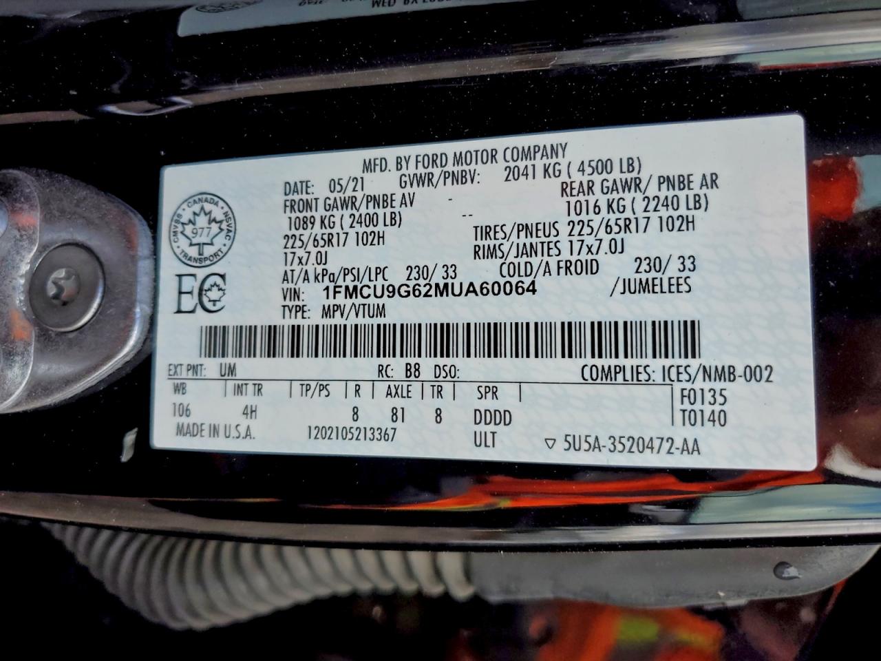 2021 Ford Escape Se VIN: 1FMCU9G62MUA60064 Lot: 94474305