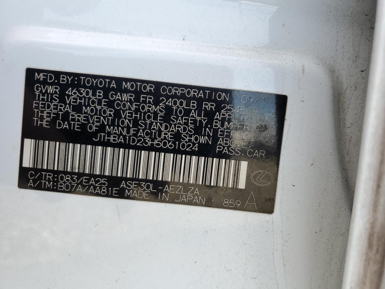 2017 Lexus Is 200T VIN: JTHBA1D23H5061024 Lot: 92232425