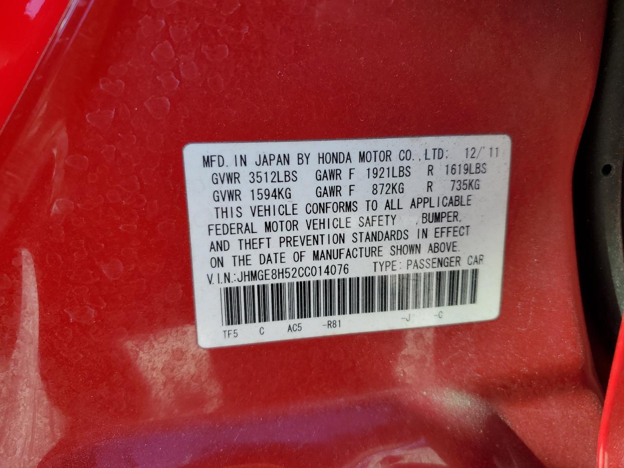 2012 Honda Fit Sport VIN: JHMGE8H52CC014076 Lot: 93076805