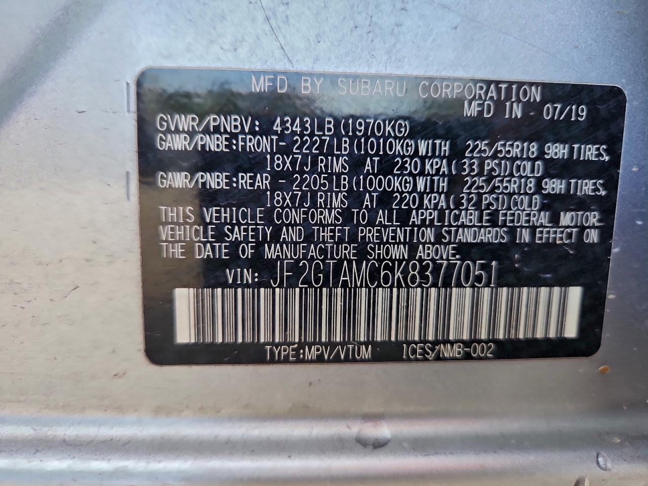 2019 Subaru Crosstrek Limited VIN: JF2GTAMC6K8377051 Lot: 94479465