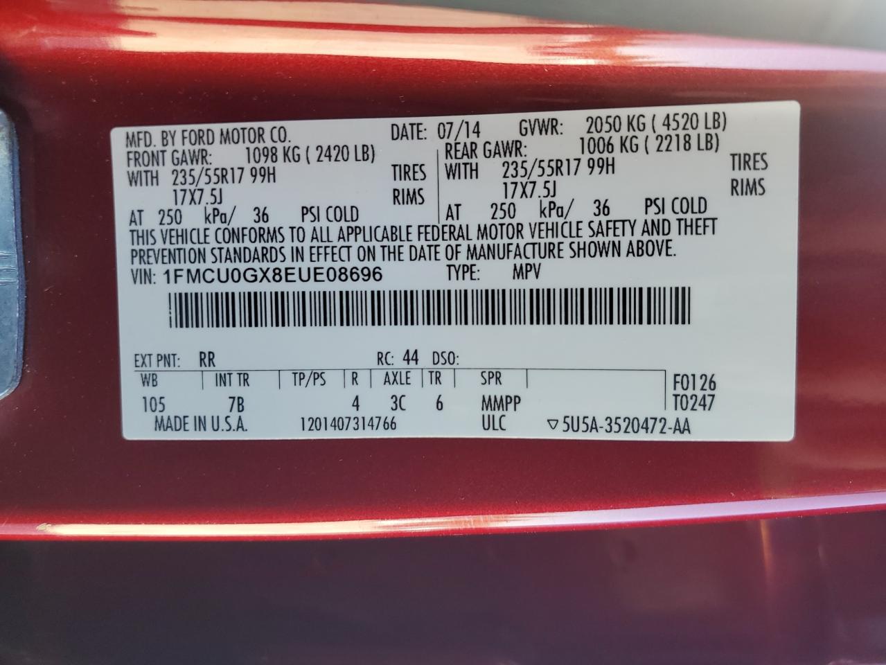 2014 Ford Escape Se VIN: 1FMCU0GX8EUE08696 Lot: 91275675