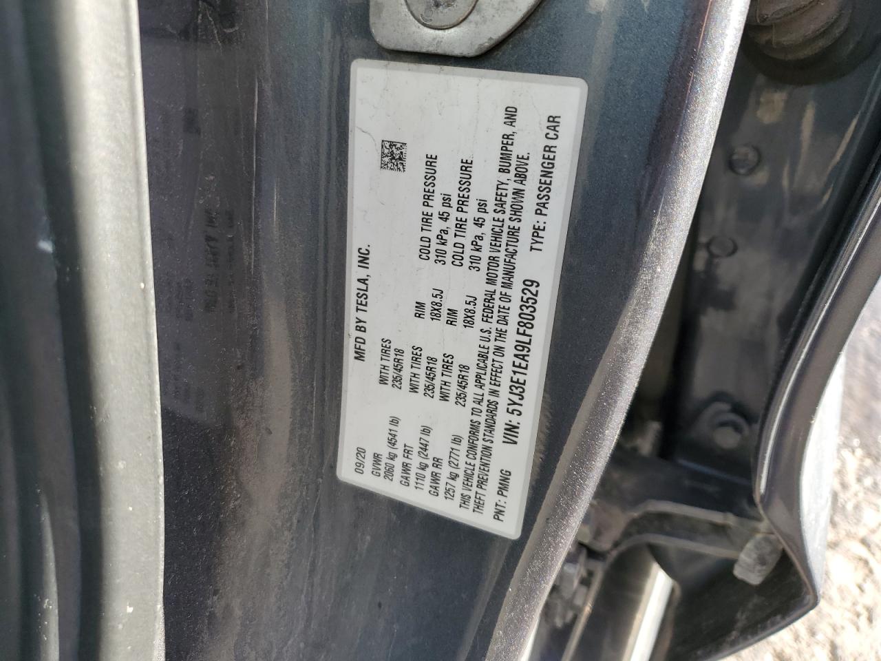 2020 Tesla Model 3 VIN: 5YJ3E1EA9LF803529 Lot: 91214435