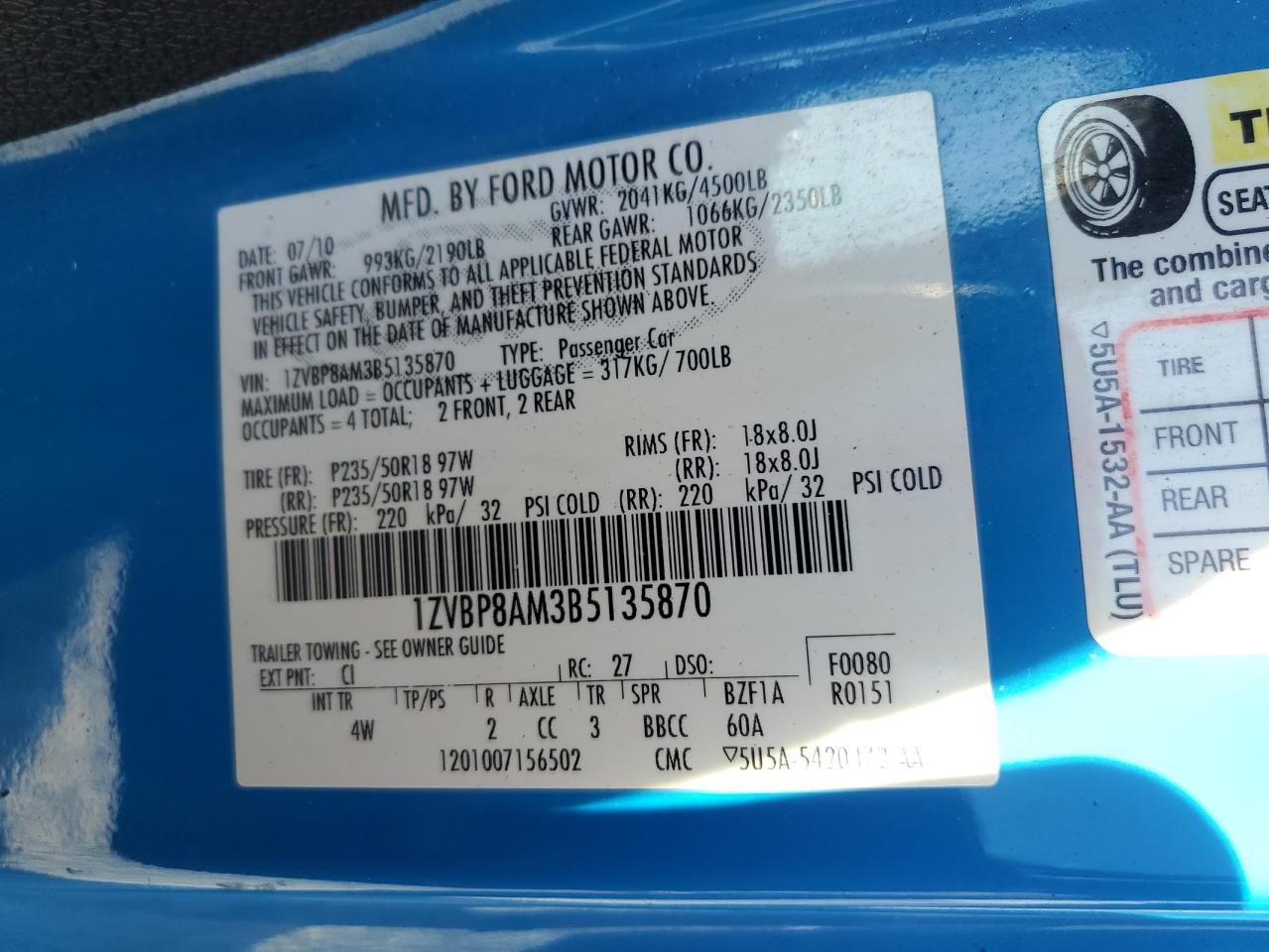 2011 Ford Mustang VIN: 1ZVBP8AM3B5135870 Lot: 93638945