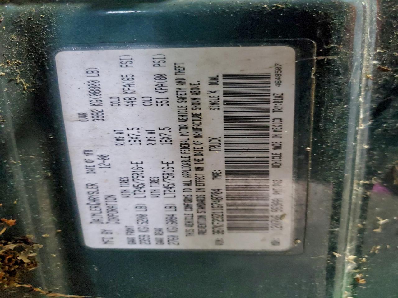 2001 Dodge Ram 2500 VIN: 3B7KF23Z11G748704 Lot: 94194805