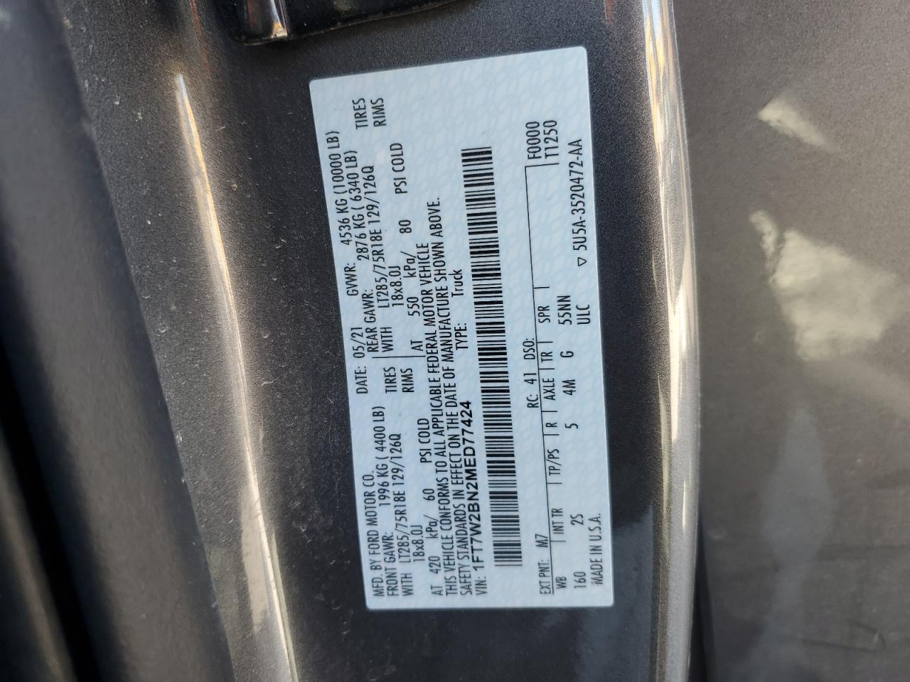 2021 Ford F250 Super Duty VIN: 1FT7W2BN2MED77424 Lot: 91860565