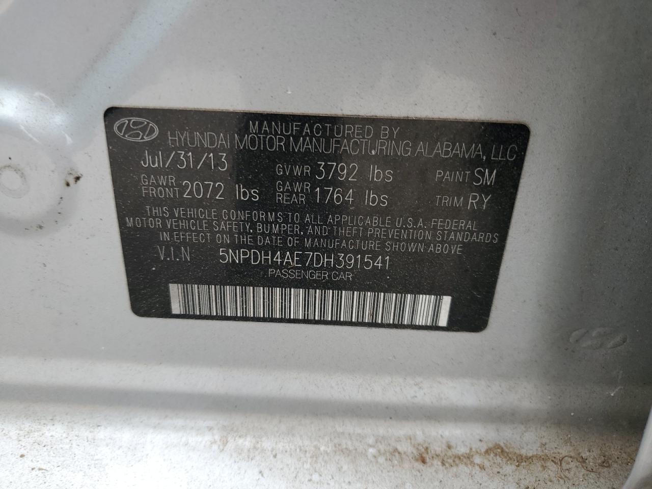 2013 Hyundai Elantra Gls VIN: 5NPDH4AE7DH391541 Lot: 93761845