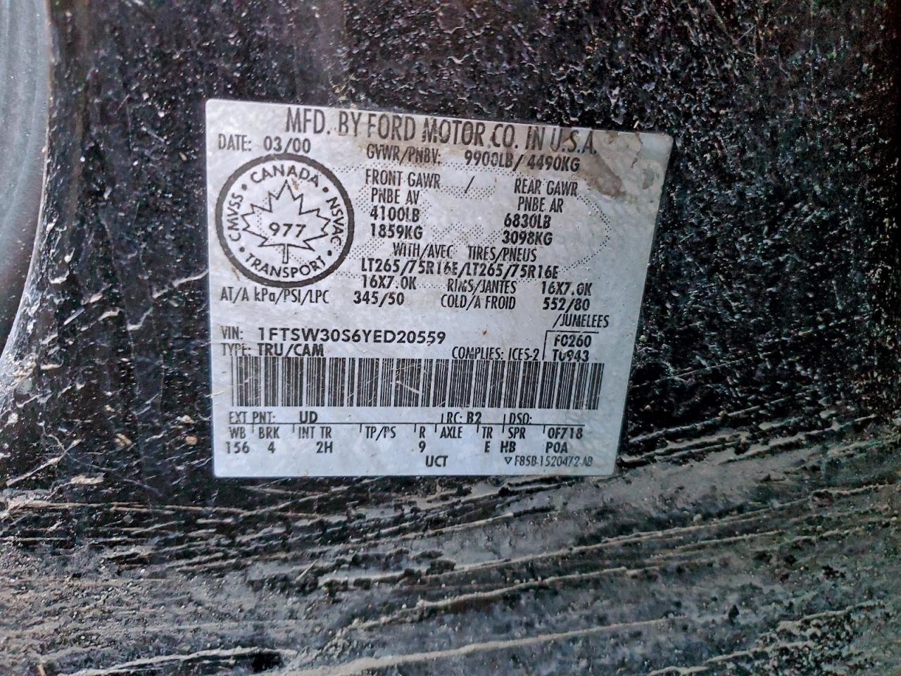 2000 Ford F350 Srw Super Duty VIN: 1FTSW30S6YED20559 Lot: 94815345