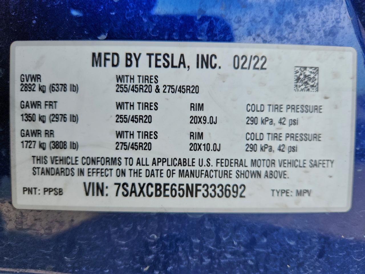 2022 Tesla Model X VIN: 7SAXCBE65NF333692 Lot: 93320185