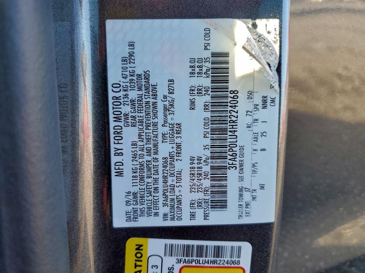 2017 Ford Fusion Se Hybrid VIN: 3FA6P0LU4HR224068 Lot: 94109095