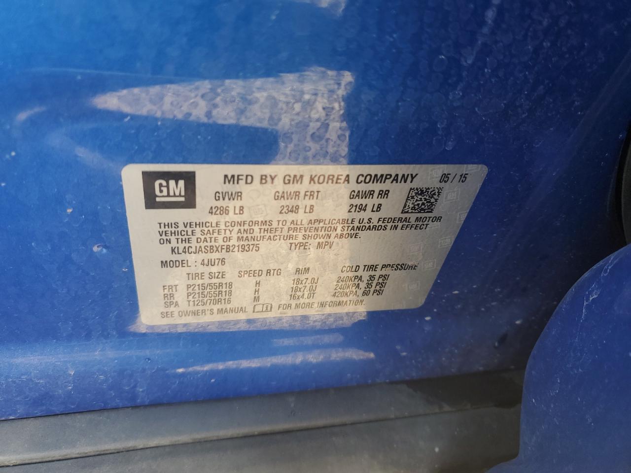 2015 Buick Encore VIN: KL4CJASBXFB219375 Lot: 91842655