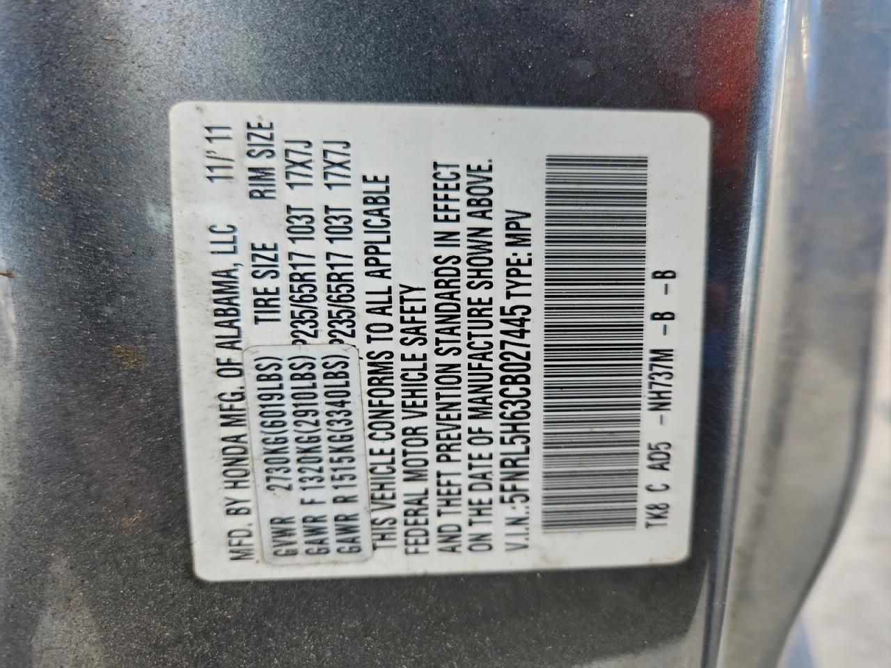 2012 Honda Odyssey Exl VIN: 5FNRL5H63CB027445 Lot: 94666145
