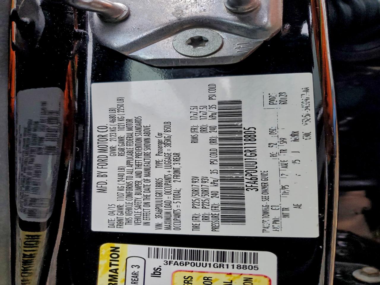 2016 Ford Fusion S Hybrid VIN: 3FA6P0UU1GR118805 Lot: 93336205