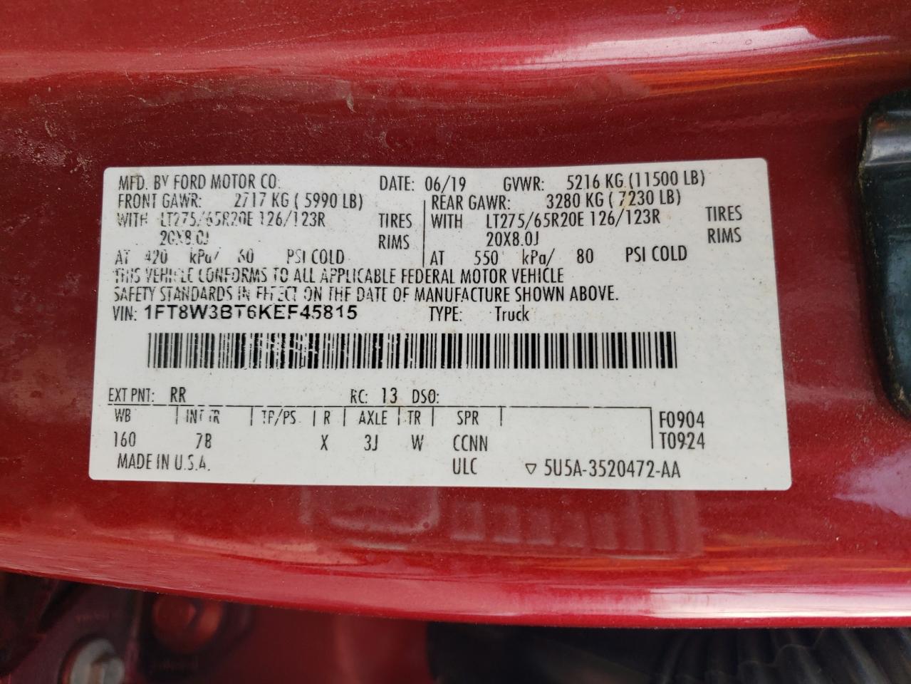 2019 Ford F350 Super Duty VIN: 1FT8W3BT6KEF45815 Lot: 91118755