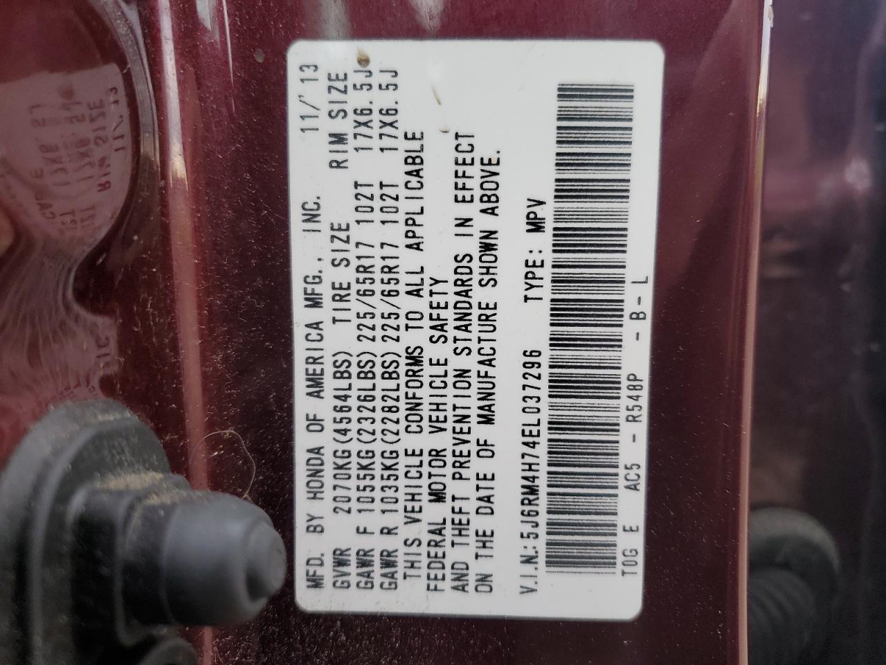 2014 Honda Cr-V Exl VIN: 5J6RM4H74EL037296 Lot: 90329935