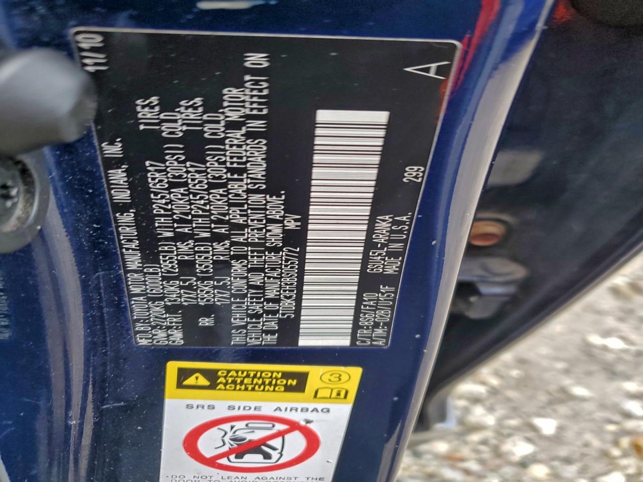 2011 Toyota Highlander Base VIN: 5TDBK3EH3BS055772 Lot: 94340505