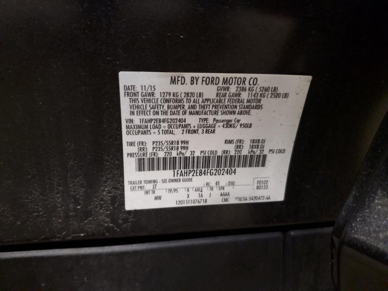 2015 Ford Taurus Sel VIN: 1FAHP2E84FG202404 Lot: 91784675