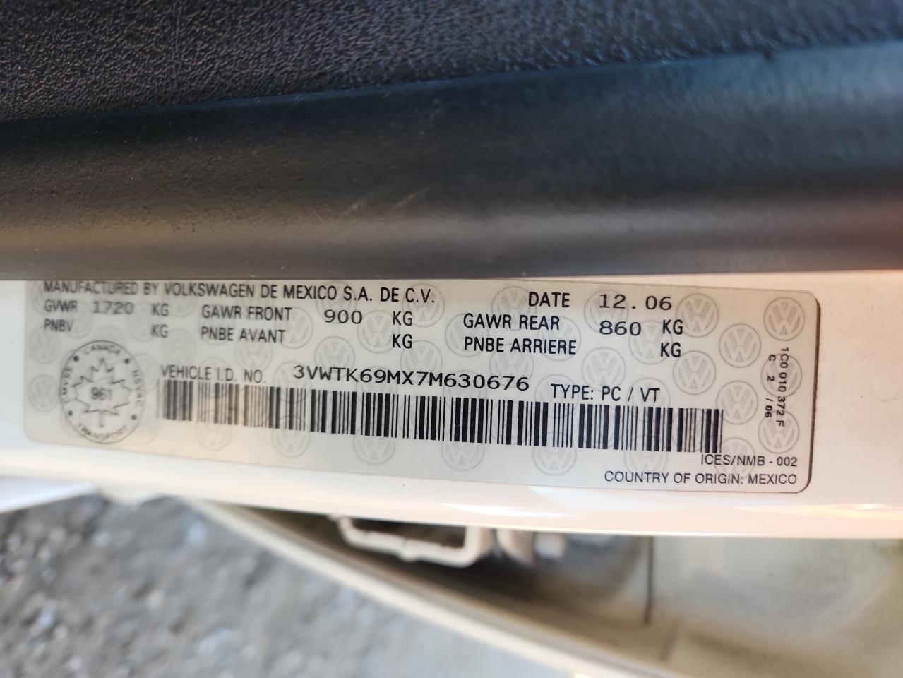 2007 Volkswagen City Jetta VIN: 3VWTK69MX7M630676 Lot: 91859855