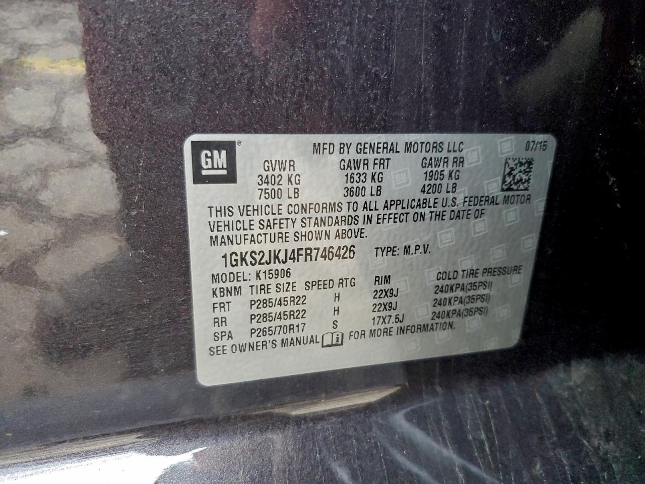 2015 GMC Yukon Xl Denali VIN: 1GKS2JKJ4FR746426 Lot: 94048885