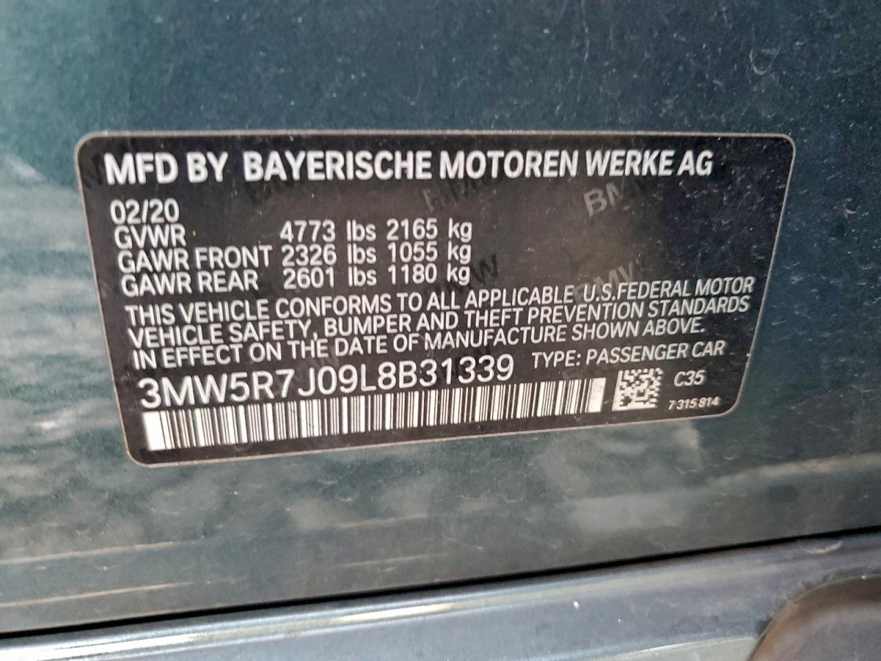 2020 BMW 330Xi VIN: 3MW5R7J09L8B31339 Lot: 93810315