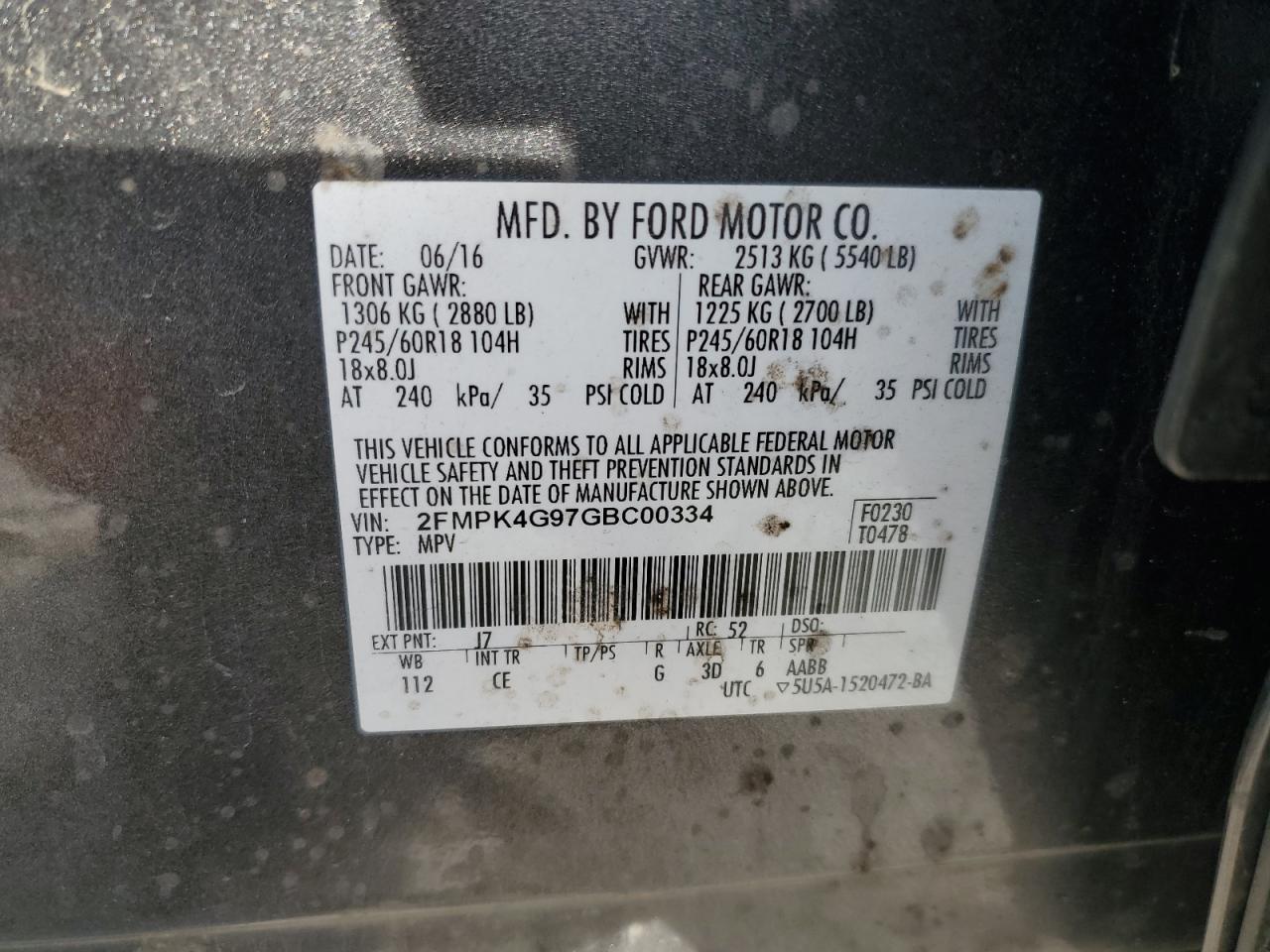 2016 Ford Edge Se VIN: 2FMPK4G97GBC00334 Lot: 91388565