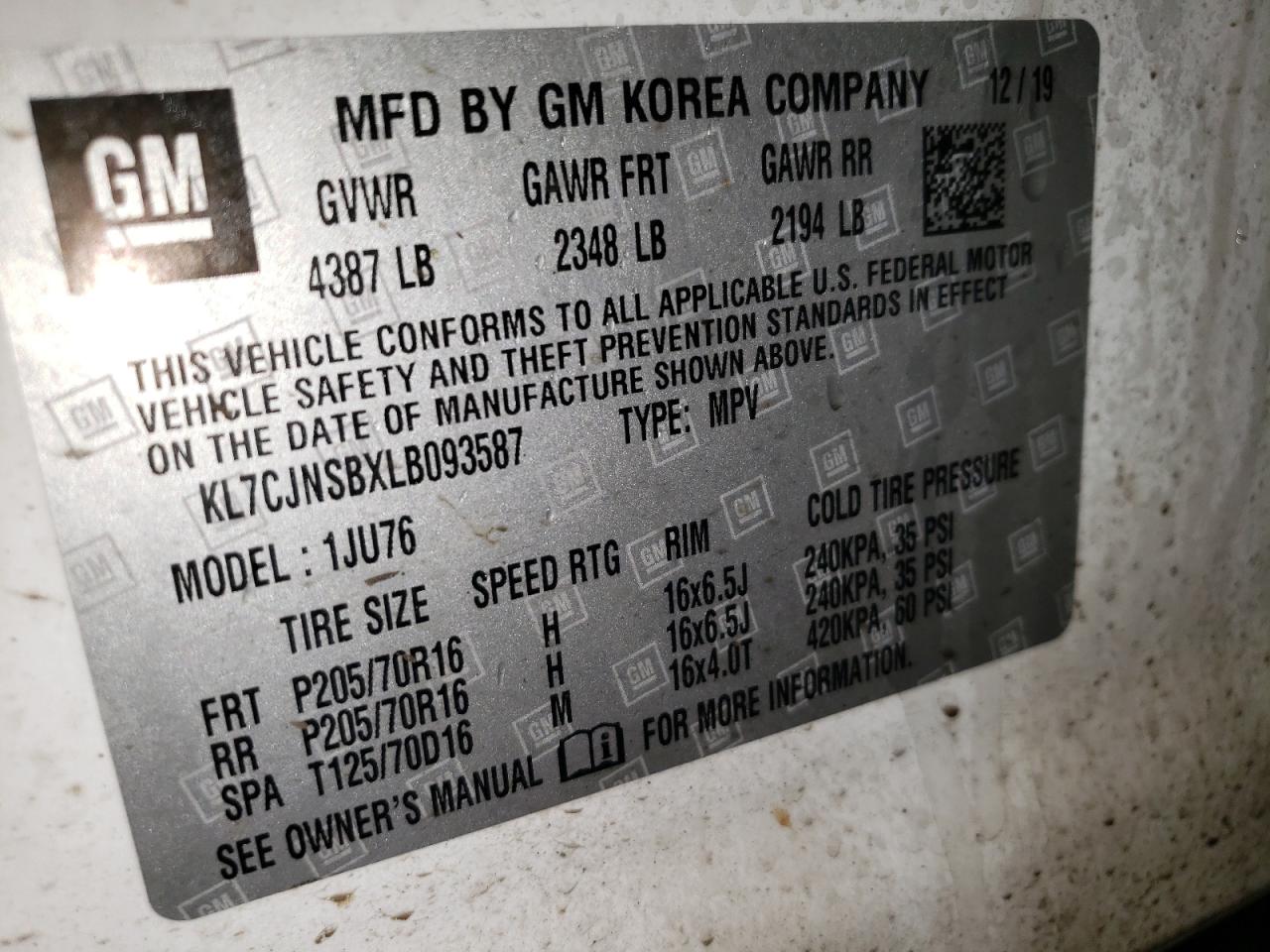 2020 Chevrolet Trax Ls VIN: KL7CJNSBXLB093587 Lot: 92947955