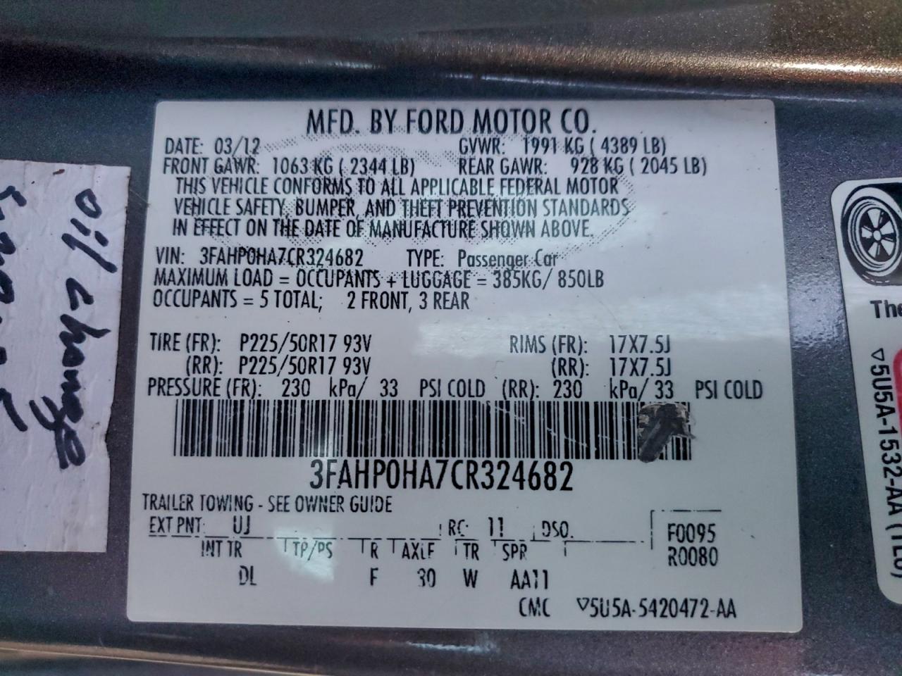 2012 Ford Fusion Se VIN: 3FAHP0HA7CR324682 Lot: 93257085